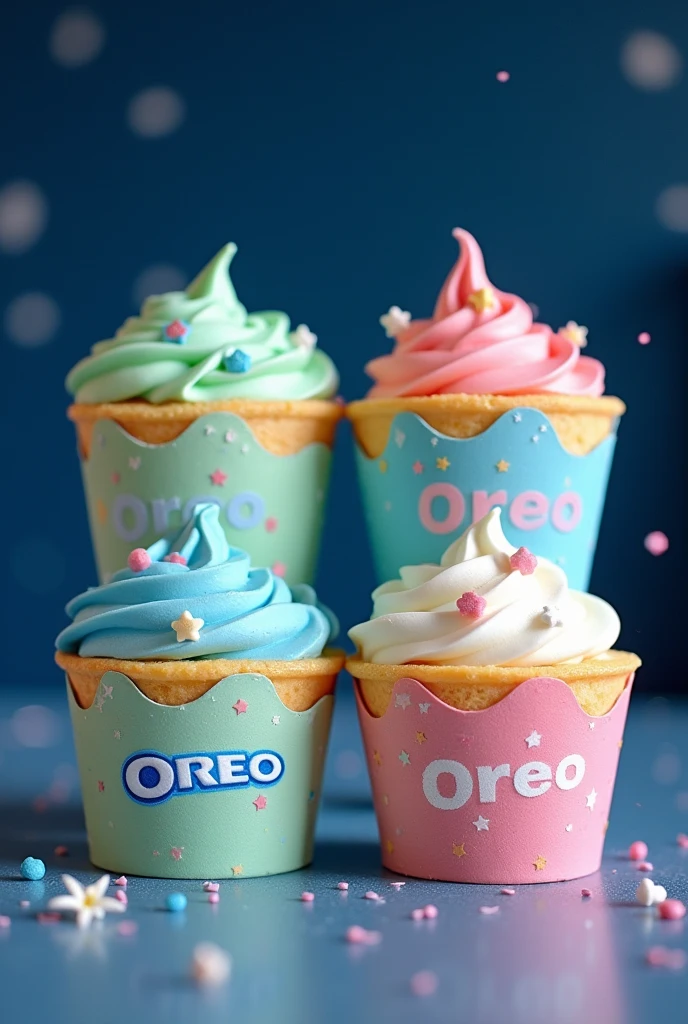 Make 4 Oreos, 1 cake has 1 filling color, green, blue, white and red pastel, with star printed on the cake and the word oreo, Add a constellation printed packaging to each one