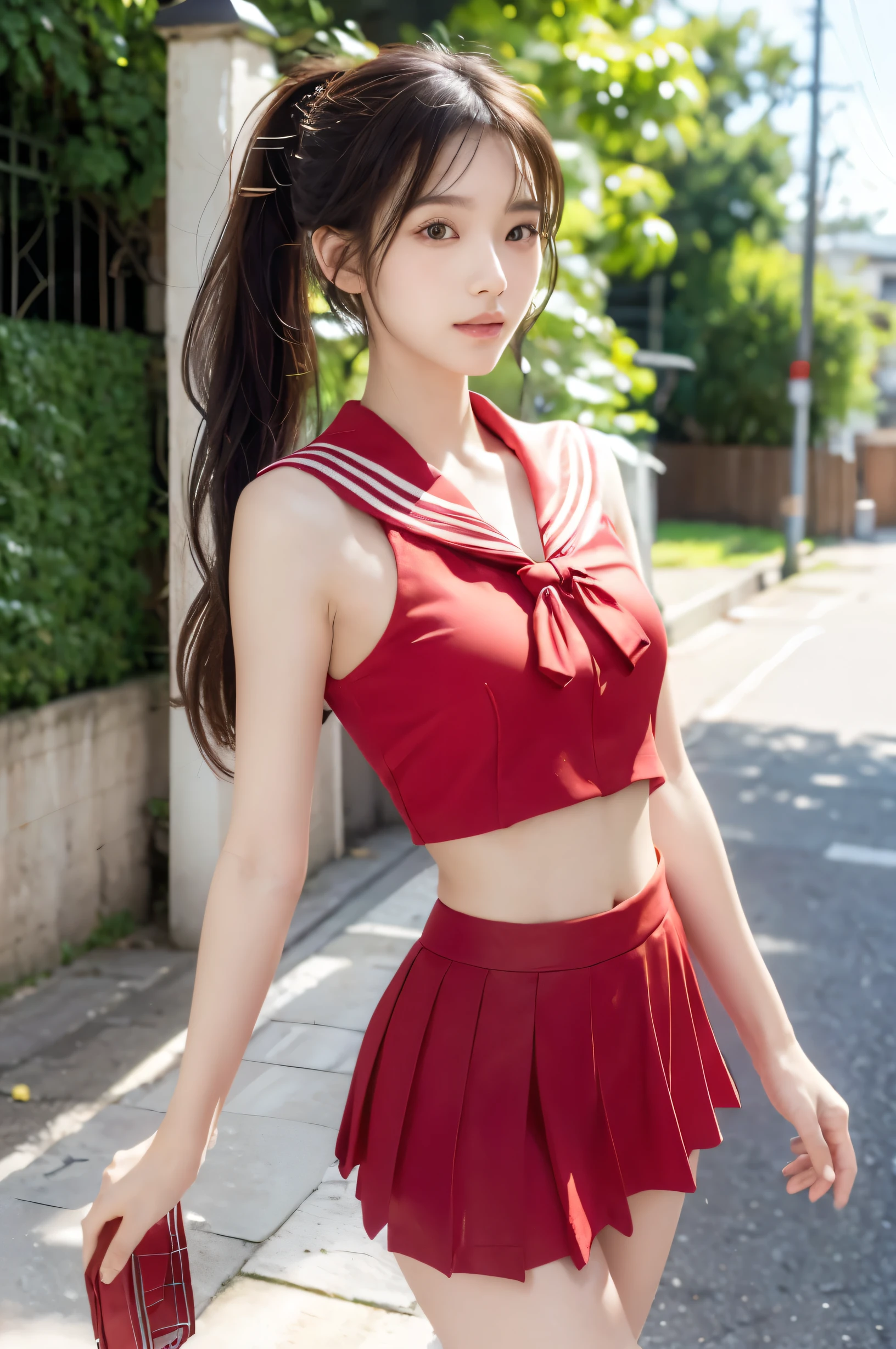 (Ultra HD), (Red sailor suit, Red short skirt), Big Breasts, slender, Narrow waist, (The belly button is visible:0.8), whole body, Standing posture, (Beautiful Skin, Shiny skin, White skin), (Super slim face, Super beautiful face, No makeup), (ponytail, Layered Cut, Fluffy hair), (double eyelid, Slanted Eyes), Small Nose, Thin lips, Thin legs, In front of the school gate