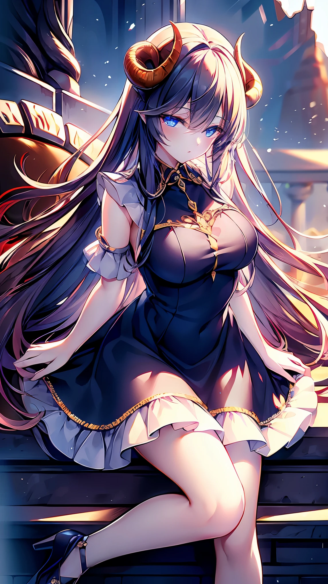 , perfect eyes, soft light, high quality, 4k resolution, masterpiece, textured skin, high details, detailed face, detailed eyes, best quality, award winning, super detail, high quality, A demon queen with goat horns, gothic lolita dress, residing in the depths of hell, Lava flow, Blue long hair, Light blue eyes, Red high heels, navy blue dress