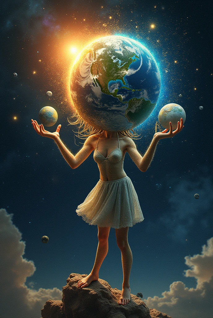 Create an image featuring a humanoid figure appearing to be made of stardust, where one can discern wisps of nebulae and constellations within this form. This figure has hair and is delicately holding the Earth in one hand. The Earth itself is teeming with diverse forms of life, represented through miniature depictions of various plants and human figures of diverse descents and genders dotting the landscape. In the other hand, this figure holds a different, unnamed planet. The background is a vast expanse of space, with the radiant sun on one side of the Earth and the moon casting its cool glow on the other side., cleavage, thigh, short skirt, sexy