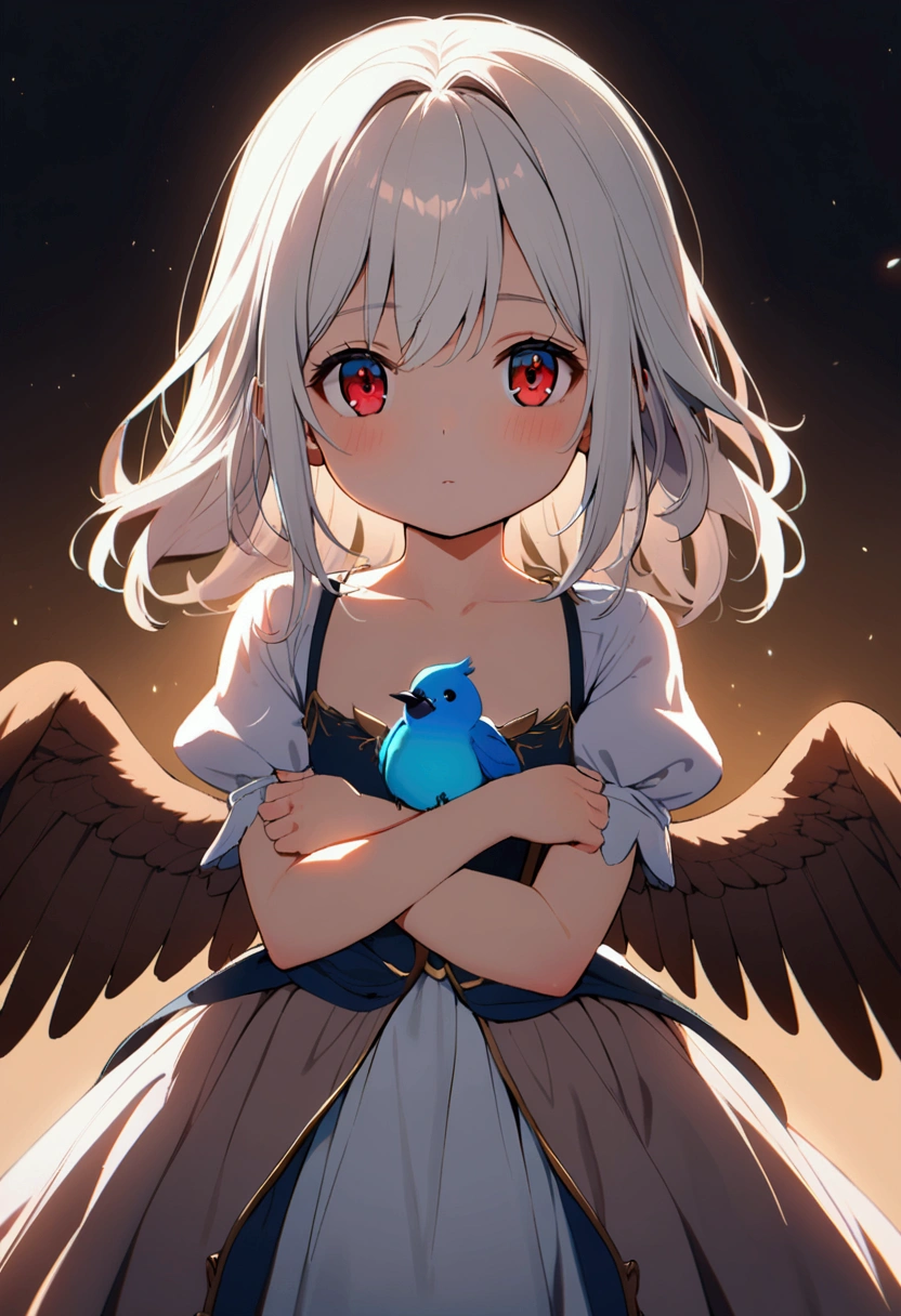 6 years old girl, white hair, red eyes, princess dress, blue bird wings on her arms, brown wings on her back