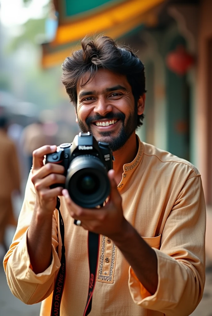 A man look like indian  smiling with dslr camera innhis hand