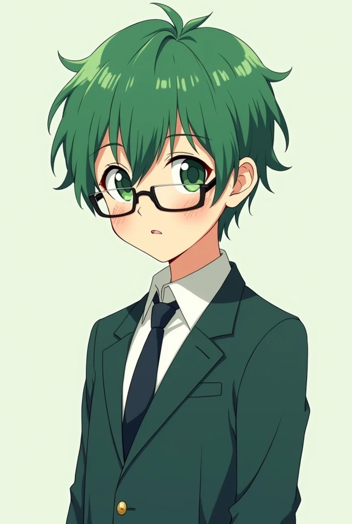 Create an anime boy, hair color and eyes color most be green, he wears a glass, full body, his height must be 5.9 inch. In school dress