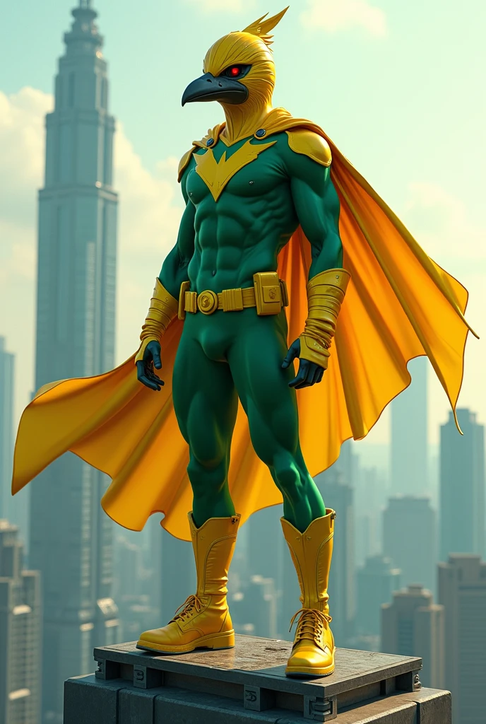intricate detailed illustration of a 19 year old fit muscle age boy wearing a helmet with a bird face, green suit, cape, standing on top of a building, hyper realistic, 8k, photorealistic, masterpiece, cinematic lighting, vibrant colors, dramatic composition. Yellow boots. Background klcc.high tech marvel. X-Men. DC comic. Character. Robin.