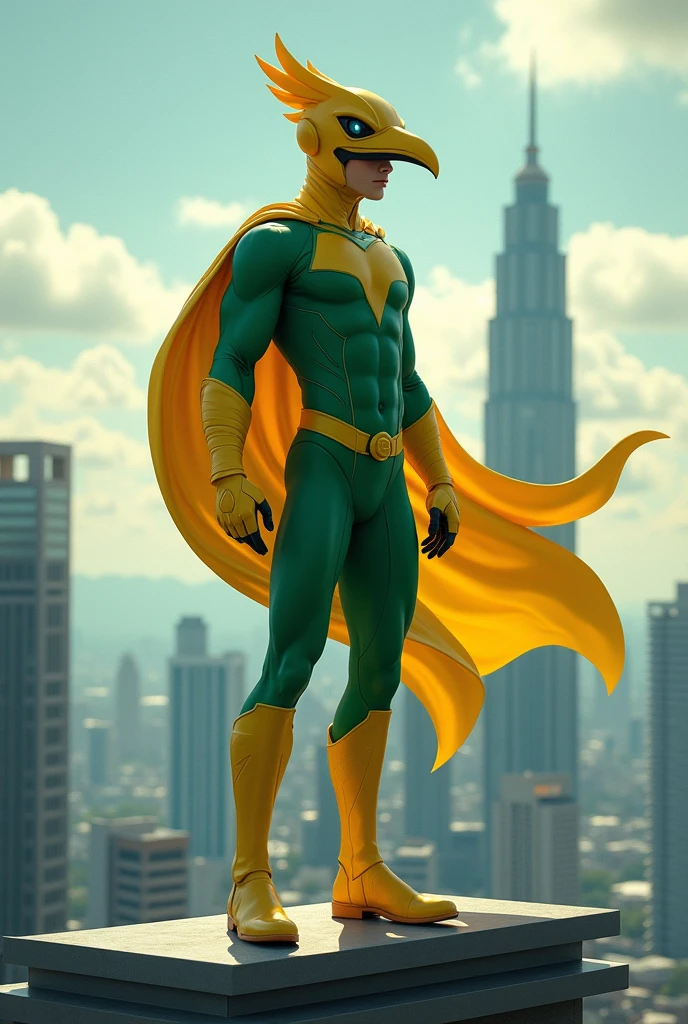 intricate detailed illustration of a 19 year old fit muscle teenage boy wearing a helmet with a bird face, green suit, cape, standing on top of a building, hyper realistic, 8k, photorealistic, masterpiece, cinematic lighting, vibrant colors, dramatic composition. Yellow boots. Background klcc.high tech marvel. X-Men. DC comic. Character. Robin.
