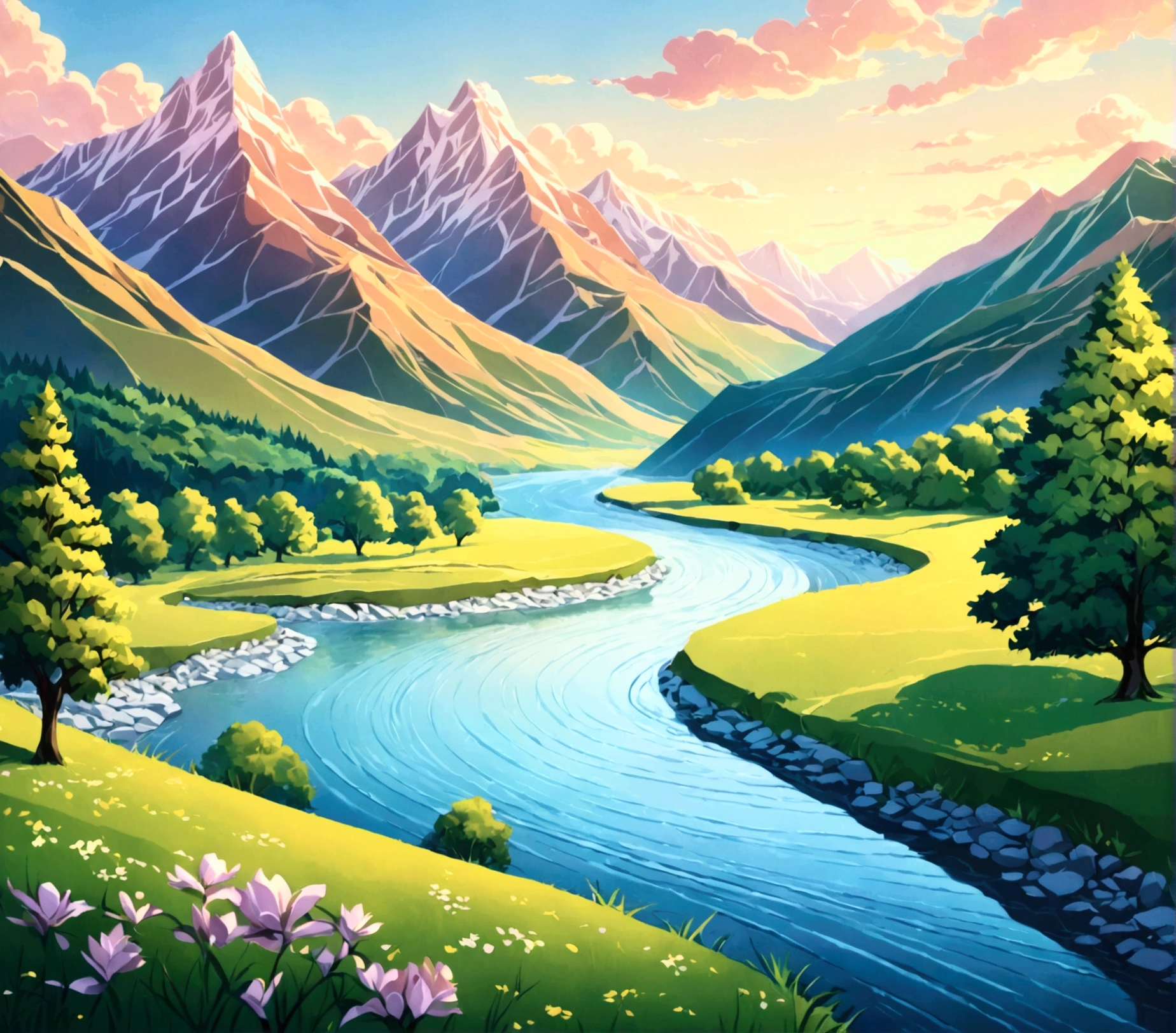 Create a wallpaper image featuring a scenic landscape with a river, trees, and mountains in a style that resembles layered paper with soft colors.
