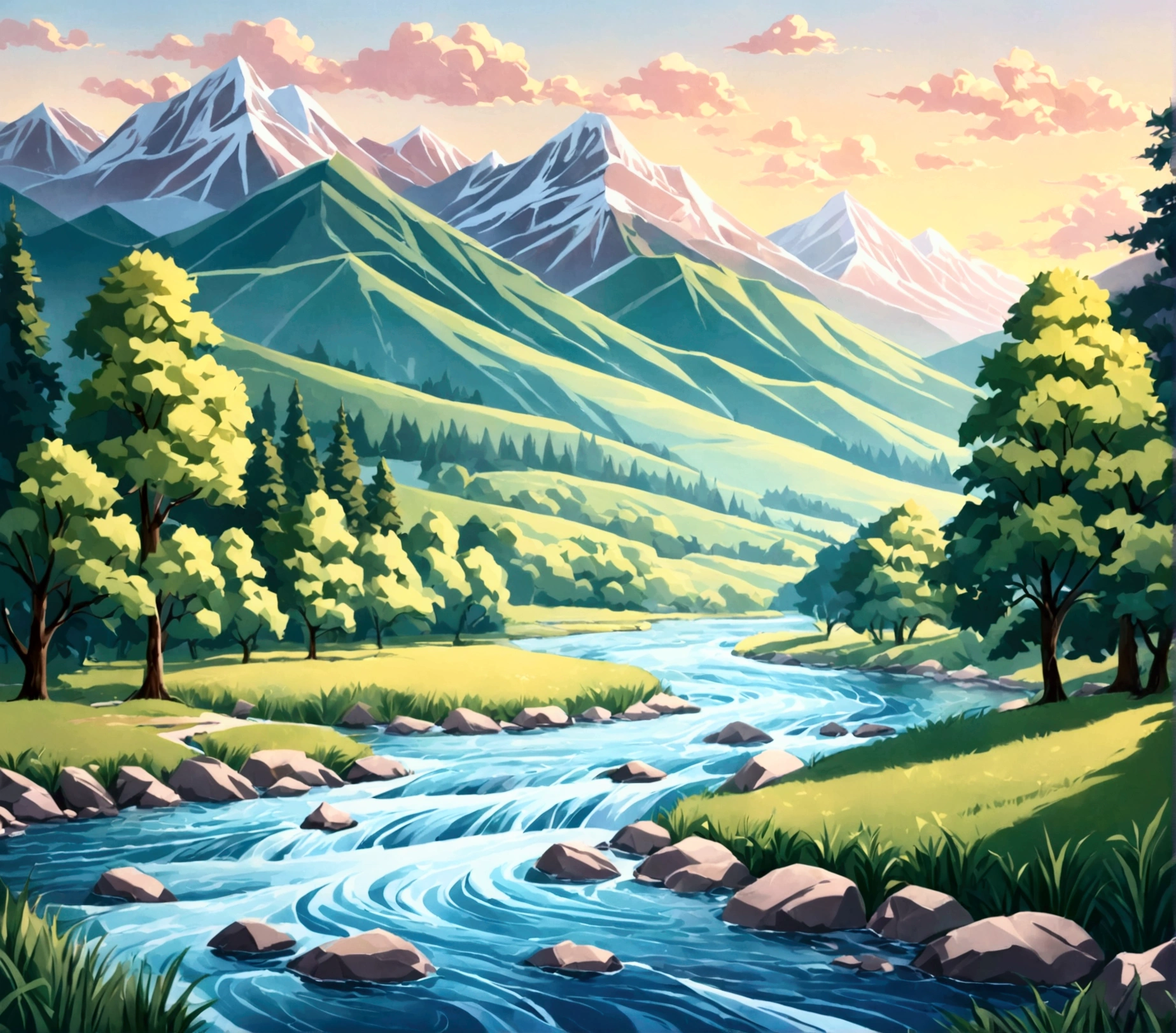 Create a wallpaper image featuring a scenic landscape with a river, trees, and mountains in a style that resembles layered paper with soft colors.