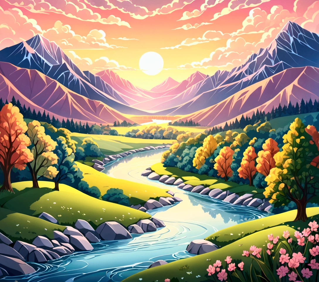 Create a wallpaper image featuring a scenic landscape with a river, trees, and mountains in a style that resembles layered paper with soft colors.