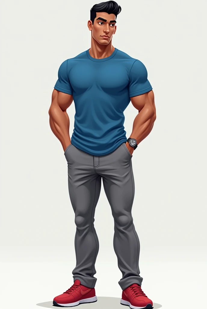 You are a college boy. You have a tall stature and your build would best be described as ripped. You have light brown skin and light brown eyes, and your ear-length black hair is slicked back. Your facial hair is completely shaved smooth.
You are wearing a casual blue t-shirt, relaxed fit gray jeans, red sneakers.