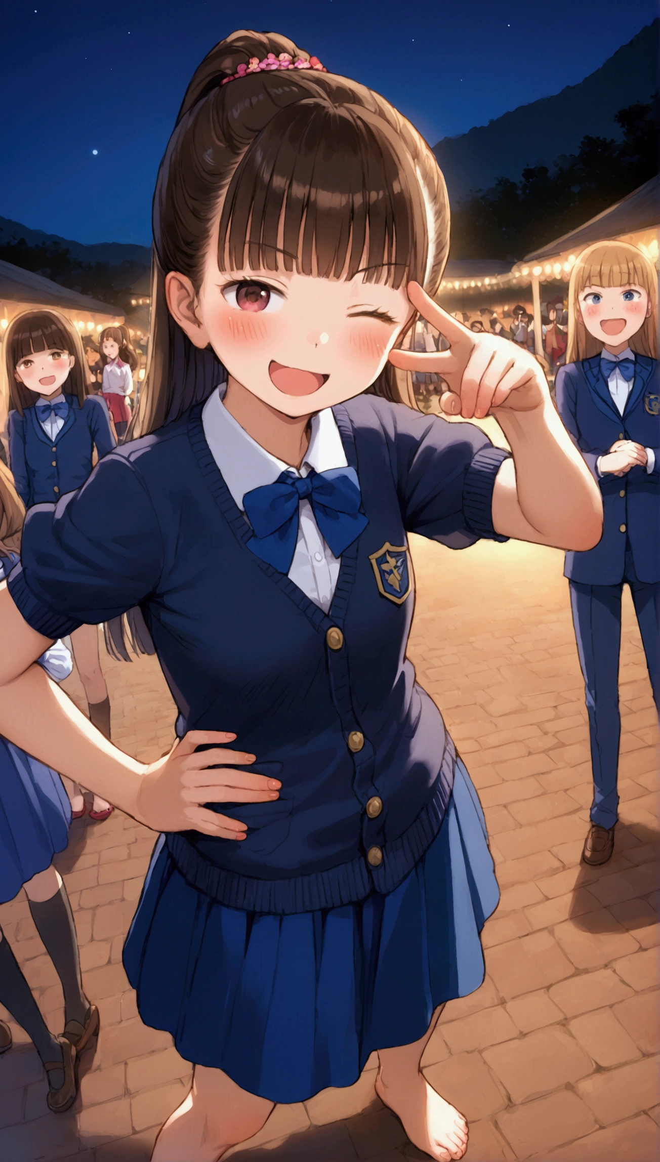 {Highest quality}, {Super beautiful},{Ultra fine},{Best illustration},Brown Hair,Hime cut,long hair,ponytail,One woman,Standing Woman,Strike a pose,Adult women,smug face,Excited face,Wink,uniform,cardigan,Short sleeve,skirt,Night Festival,Blushing,Slender,barefoot,barefoot,From an angle,From behind,Sole,Spread your legs,Put one hand on your hip