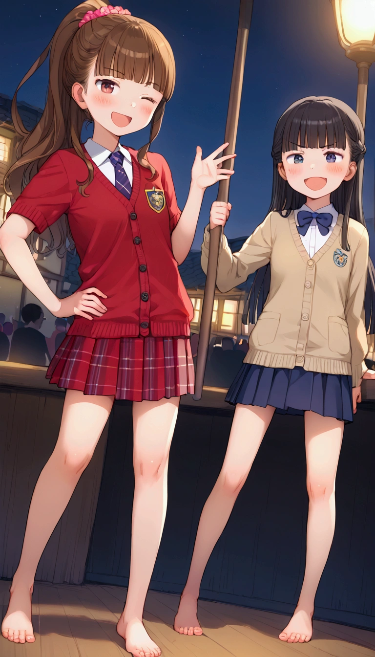 {Highest quality}, {Super beautiful},{Ultra fine},{Best illustration},Brown Hair,Hime cut,long hair,ponytail,One woman,Standing Woman,Strike a pose,Adult women,smug face,Excited face,Wink,uniform,cardigan,Short sleeve,skirt,Night Festival,Blushing,Slender,barefoot,barefoot,From an angle,From behind,Sole,Spread your legs,Put one hand on your hip