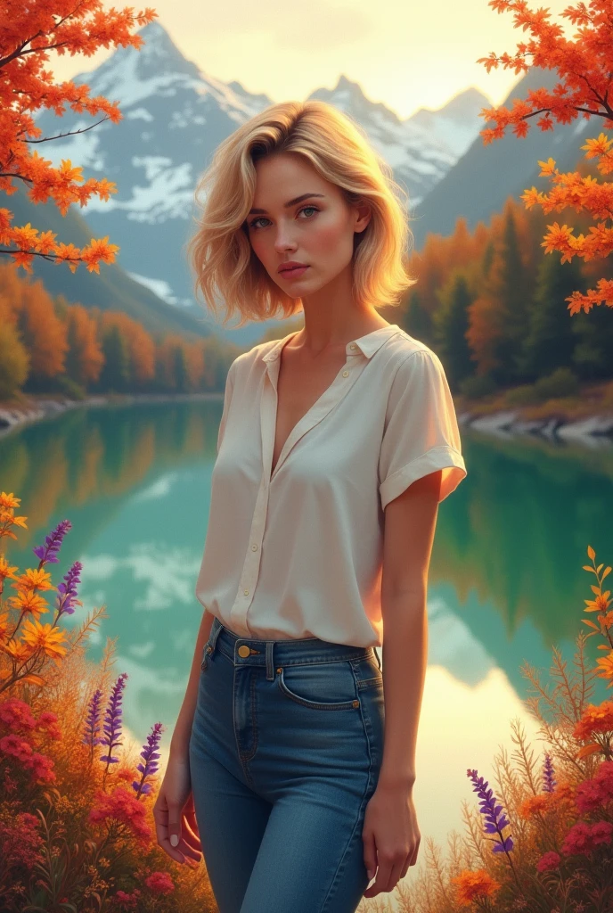 Beautiful woman short blonde hair wearing white shirt and jeans, standing in front of green lake, colorful flowers, colorful maple trees and snowy mountains, orange sky in the evening, autumn atmosphere