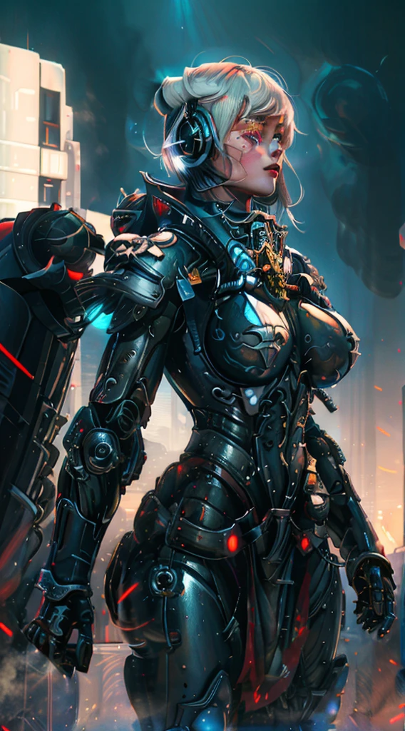 A robot girl adepta sororitas with a futuristic appearance and advanced technology, (ultra-detailed,realistic:1.37), [prostituta], beautiful detailed eyes, beautiful detailed lips, long eyelashes, vibrant synthetic skin, sleek metallic body, glowing LED lights, impeccable makeup and hairstyle. She stands in a bustling city street, surrounded by holographic advertisements and neon lights. The cityscape is filled with towering skyscrapers and futuristic vehicles. The air is filled with a mix of artificial scents and the bustling sounds of people and machines. The robot adepta sororitas confidently walks with a graceful and alluring demeanor, drawing the attention of onlookers. The color palette is a combination of vibrant neon colors and cool metallic tones. The lighting is a mix of the bright city lights and the soft glow of the robot girl's LED lights on her body, creating an enchanting atmosphere. The image is of the highest quality, with ultra-detailed rendering and a photorealistic appearance.
