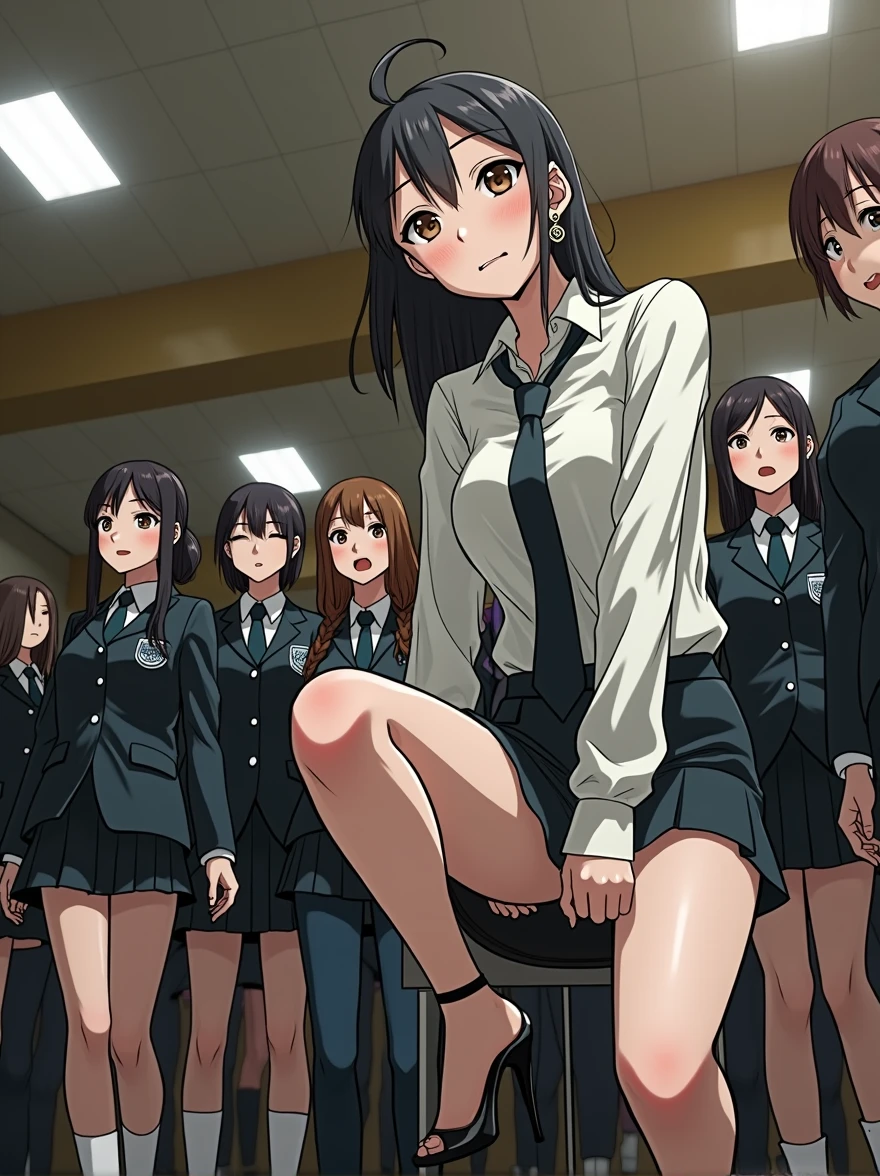 女教師のおしっこPeeing、Student urinates at graduation ceremony、Peeing、peeing herself、A lot of pee、From directly below、Gaze at the audience、Black Suit、mini skirt、tie、Stiletto heels、Perfect figure、Very beautiful、Japanese elementary school teacher、Earrings、Heavy makeup、学校の体育館で卒業式を取り行っている最中に女教師がおしっこPeeing、The female teacher is surrounded by many students.