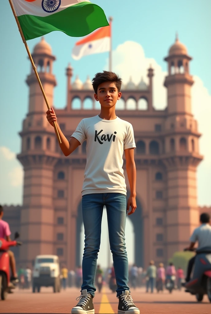 Generate a Realistic 18 years old boy, Wearing White T shirt blue jeans sneakers and the name "Kavi " is written on his t-shirt and the boy is standing on the road with holding a national flag of India, and behind him is the Red Fort Delhi. And written on sky "Independence Day" Create Realistic image high quality