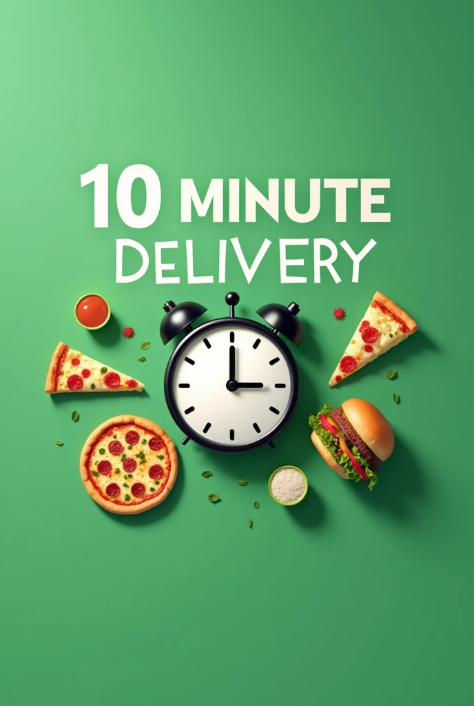Create a minimalist ad image featuring a large timer or clock showing "10 minutes" in the center. Above the timer, include the text "If you don't have patience to read this ad" in a bold, modern font. Surround the timer with images of appealing food items like a pizza and a burger. At the bottom of the image, add the text "Then Swish is for you. Delight delivered in 10 minutes" in a clean, straightforward font. Use a simple background to ensure the focus remains on the message and the food. Keep the theme green.