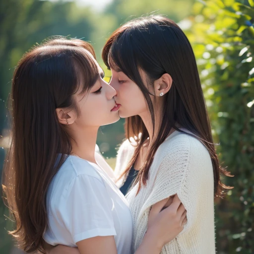 (Highest quality、4K、8k、High resolution、masterpiece:1.2)、Very detailed、(Real、Photorealistic、Photorealistic:1.37)、two girls hug and kissing