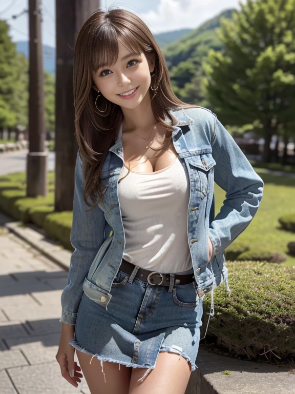 Highest quality, masterpiece, Ultra-high resolution, (Realistic:1.4), Beautiful woman, Clear grey V-neck shirt, G-string, Cleavage, ((Denim jacket)), Center of chest, Tight waist, Glowing Skin, 魅惑的なsmile, Bokeh, smile, pubic hair, thick pubic hair, long pubic hair, Denim mini skirt, Brown Hair、Fresh green scenery in Karuizawa、