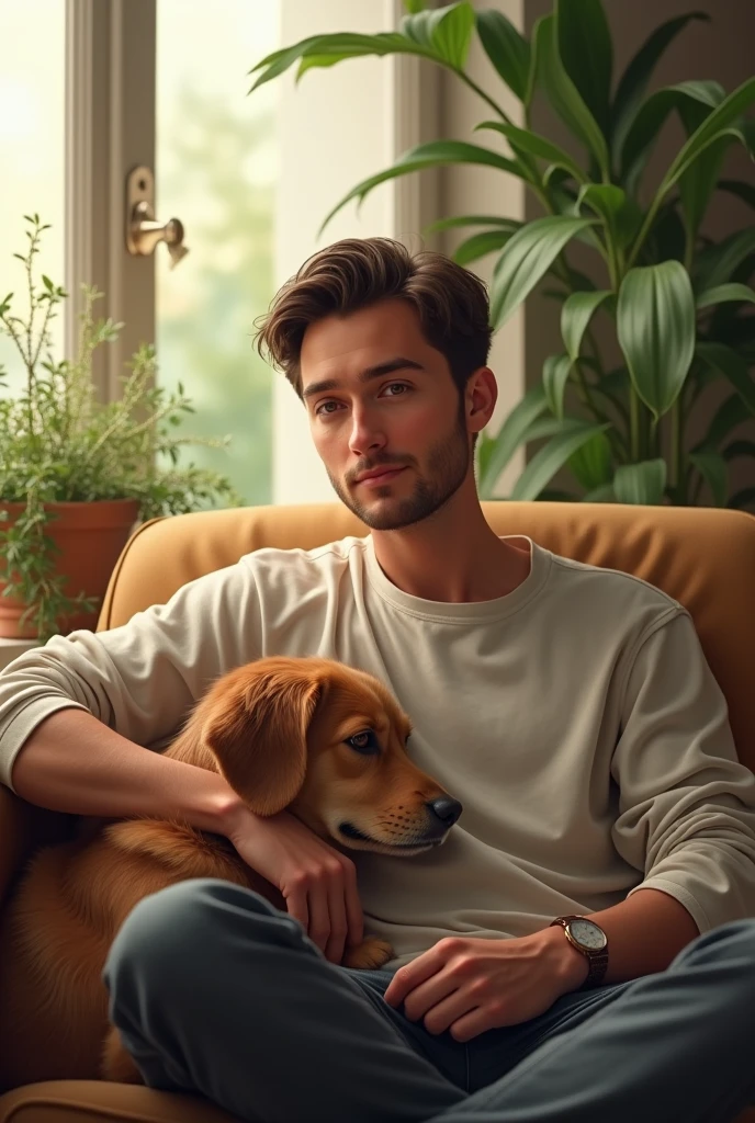 (photorealism:1.2), beautiful woman, sitting on bed, wearing loose off-shoulder top, pajama pants, long curly hair, indoors, soft lighting, plants in background, window with sunlight, cozy room, relaxed pose, realistic, intricate details, warm colors, by Greg Rutkowski, by Alphonse Mucha
Man with dog
