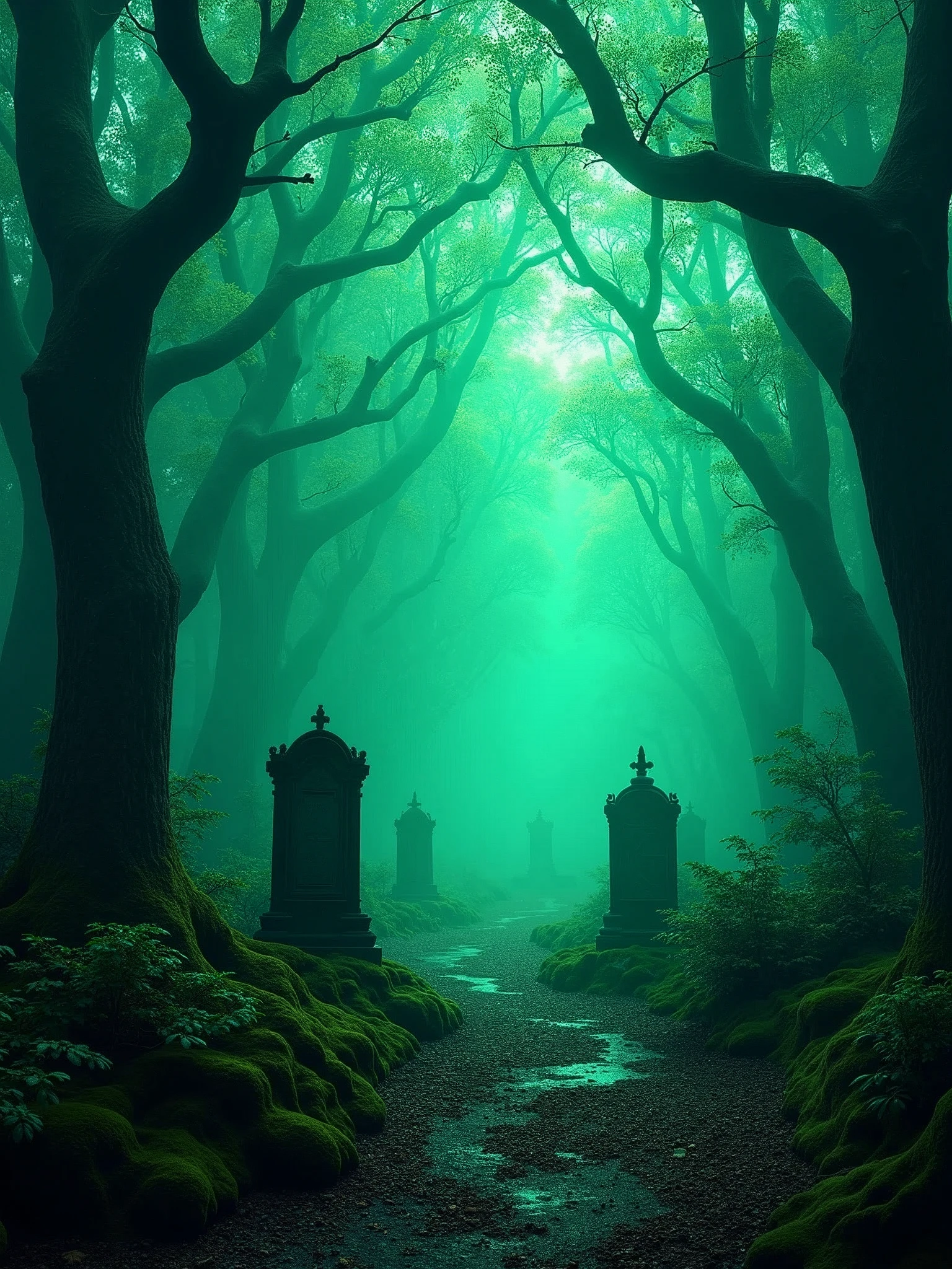 imagine a dark place with dark neon colors, this place is a forest with tombs, the colors are dark and light neon green, format: 16:09