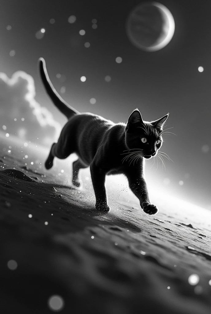 Recreate a black and white cat running through the infinite galaxy which is full of stars and planets 