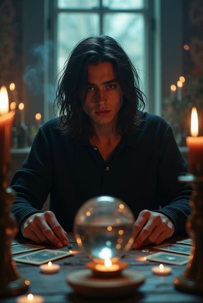 (work of art, high resolution:1.3), (photo of male ager with long dark hair in dark and mysterious environment:1.2), (Sony Alpha 1 Camera, Known for capturing exceptional detail and low-light performance:1.2), (paired with the Sony FE 24-70mm f/2.8 GM lens for versatile and sharp composition:1.2), ( surrounded by an aura of mystery and intrigue:1.1), (his dark clothes and enigmatic expression add to the atmosphere:1.1), (Sony Alpha 1 Camera capturing the intricate textures and subtle shades in the low-light setting:1.2), (a table adorned with tarot cards, spread out in a mystical formation:1.1), (flickering candles, casting dancing shadows across the room:1.1), (the low lighting increases the atmosphere of secrecy and mysticism:1.1), (eyes focused on the cards, as if seeking answers from the unknown:1.1), (a crystal ball nearby, adding to the mystical scenery:1.1), (symbols of astrology and esoteric knowledge decorating the room:1.1), (a hint of incense in the air, adding to the sensory experience:1.1), (A moment frozen in time, capturing the intense and introspective atmosphere of divination:1.1), (an image that invites viewers into a world of magic and spiritual insight, leaving them intrigued and curious:1.1), cinematic, 超detailded, insane details, beautifully color-graded, engine unreal, DOF, Super-resolution, Megapixels, cinematic lightning, Anti-aliasing, FKA, THAI, RTX, SSAO, Post-processing, post production, Tone-mapping, CGI, Visual effects, sound effects, Insanely detailed and intricate, Hyper maximalist, hiper-realisitic, Volumetric, fotorrealisitic, ultra photoreal, ultra detali, details Intricate, 8k, super verbose, full color, Volumetric lightning, HDR, realisitic, engine unreal, 16K, sharp focus, octane render INFO Size 1152X1536 Date Oct 7, 2023 Modo SeaArt 2.1 Tipo upscale Checkpoint & it

