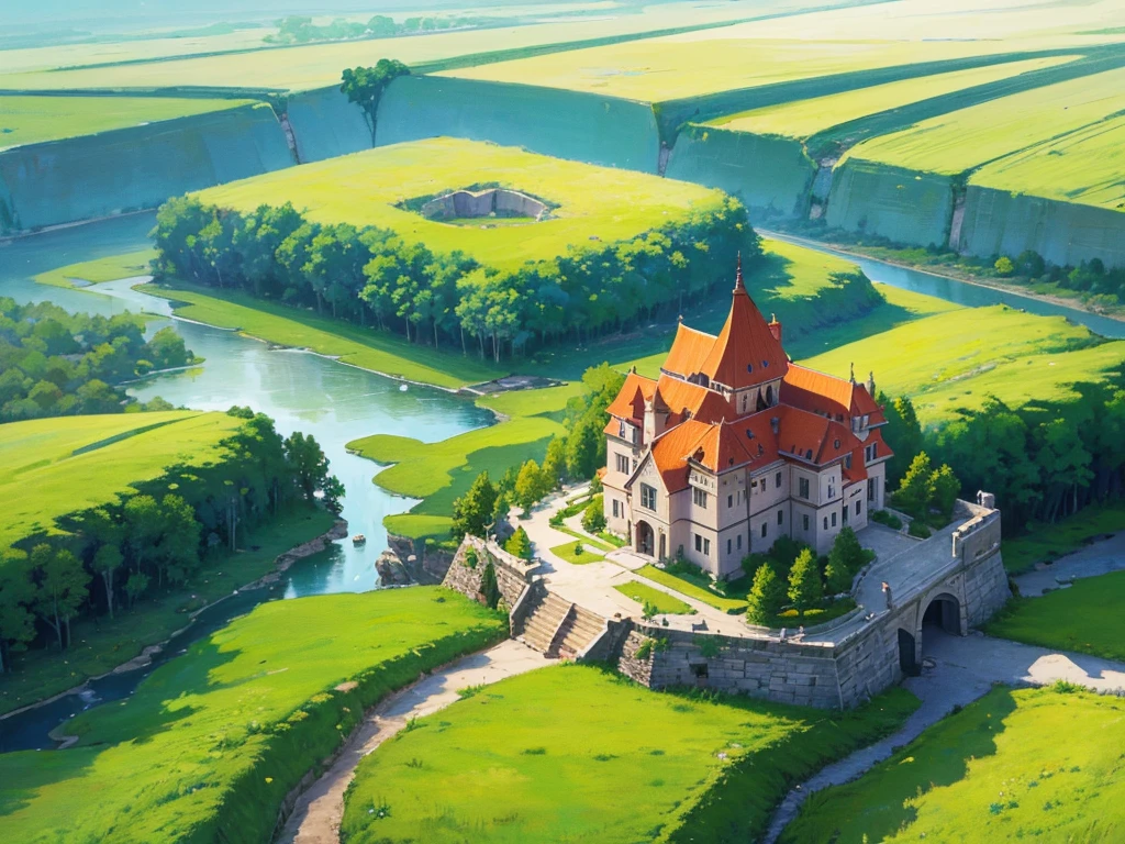In this anime-style fantasy world, you see an expansive green landscape stretching as far as the eye can see. The sky is clear blue with a few scattered white clouds, and the warm sunlight bathes the scene, giving it a peaceful and inviting atmosphere.
In the distance, there's a small town filled with houses with orange and red rooftops. The most prominent feature is a large stone castle perched on a hill, with tall towers that stand out against the horizon. Some towers have flags gently waving in the breeze. Roads and bridges connect various parts of the town, making it look like something straight out of a fairy tale.
The vast green fields are dotted with large trees, and in some areas, colorful flowers bloom, adding vibrancy to the scene. A small river winds its way through the landscape, creating a soft, calming sound as it flows.
You might also spot some fantastical creatures, like small dragons or cute animals, wandering through the fields, adding a touch of magic and otherworldliness to the scene.
This description should help you visualize the anime-style fantasy world with a vast green landscape and a distant town clearly and vividly