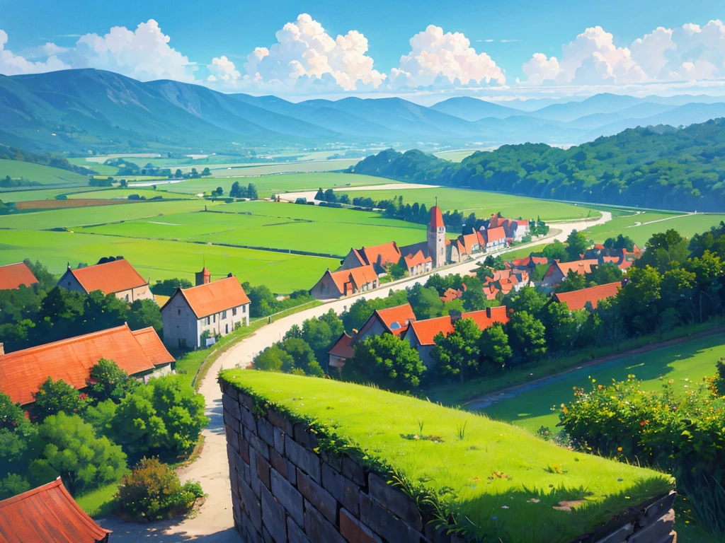 In this anime-style fantasy world, you see an expansive green landscape stretching as far as the eye can see. The sky is clear blue with a few scattered white clouds, and the warm sunlight bathes the scene, giving it a peaceful and inviting atmosphere.
In the distance, there's a small town filled with houses with orange and red rooftops. The most prominent feature is a large stone castle perched on a hill, with tall towers that stand out against the horizon. Some towers have flags gently waving in the breeze. Roads and bridges connect various parts of the town, making it look like something straight out of a fairy tale.
The vast green fields are dotted with large trees, and in some areas, colorful flowers bloom, adding vibrancy to the scene. A small river winds its way through the landscape, creating a soft, calming sound as it flows.
You might also spot some fantastical creatures, like small dragons or cute animals, wandering through the fields, adding a touch of magic and otherworldliness to the scene.
This description should help you visualize the anime-style fantasy world with a vast green landscape and a distant town clearly and vividly