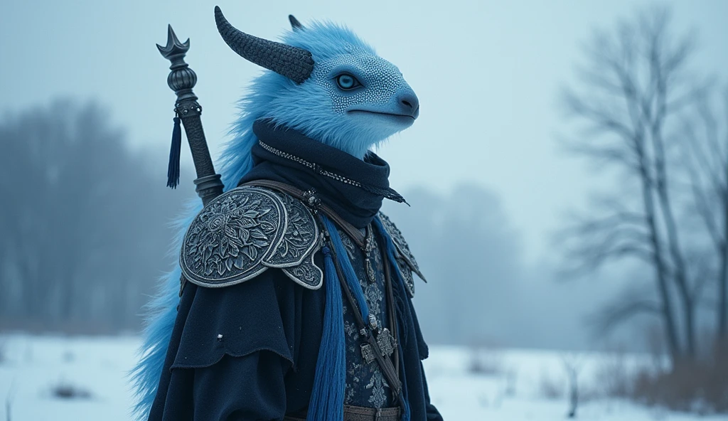 Estonia as a baltic soviet League of Legend creature in light blue, black and white. Intricated clothing. Cinematic Fantasy sci-fi landscape background