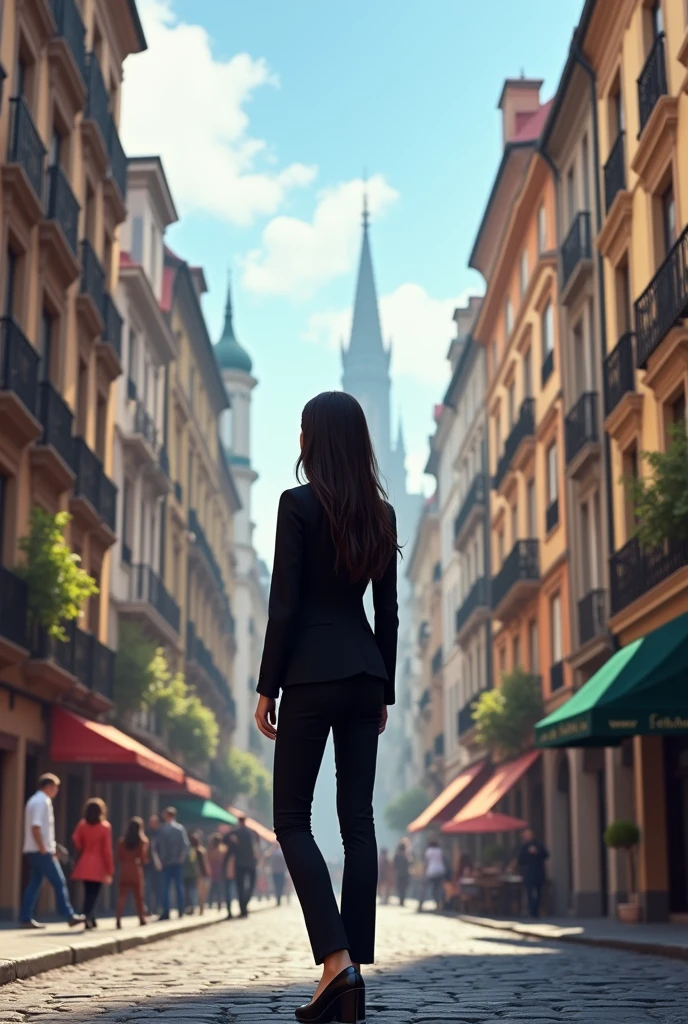 crie pra mim long distance angle, 3D ultra realistic graphics, a woman with long dark hair in a European cityscape, wearing a black blazer with tailored pants