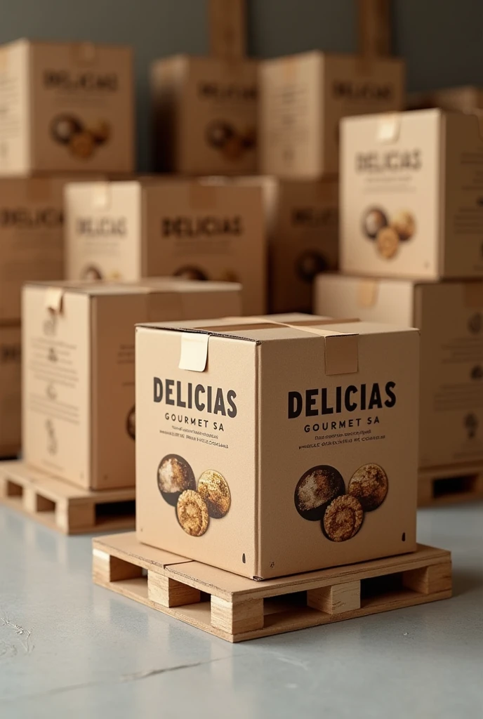 (photorealism:1.2), Make corrugated cardboard boxes with the company name and cookie design on them.. company "DELICIAS GOURMET SA" and Whole grain nut cookies LET IT BE PRETTY. BOXES OF THE SAME SIZE. SAMPLE OF 60 BOXES GROUPED IN PALLETS INSPIRED BY AMAZON BOXES

