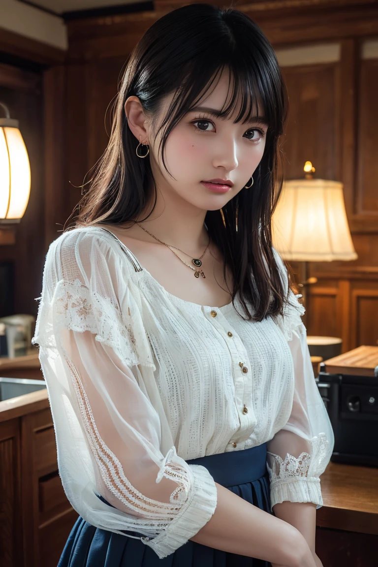 (Highest quality:1.4),(masterpiece:1.4),(Realistic:1.4),(Realistic:1.2),(超High resolution, RAW Photos:1.4),(High resolution, Ultra-detailed:1.2),(8k:1.2),View your viewers,Cinematic photography,One person,skeletally correct,Black-haired woman,Woman in her early 20s,(Small earrings,necklace,White blouse with voluminous sleeves,Ivory crochet long skirt),(Western-style building interior,Dimly lit room,The lamplight shines on my cheeks)