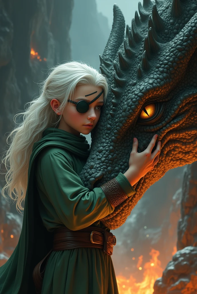 Sad 13 year old boy, with a cleft chin and thick eyebrows, he has long white hair, with an eye patch and a scar on the same eye where he wears the patch, The boy is dressed in green warrior clothing. He is hugging the paw of his giant dragon. They are inside a giant cave with fire