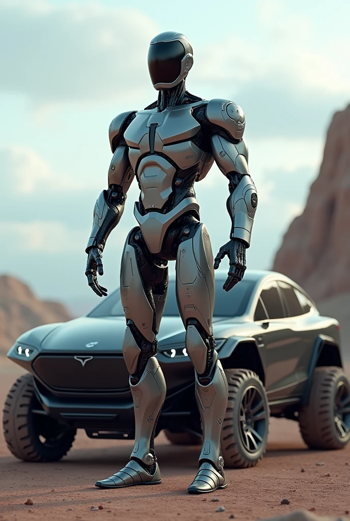 create image of a tesla optimus humanoid with a plain black glass helmet head and a very fit athletic robotic built robotic body, standing in front of a cyber tesla offroad