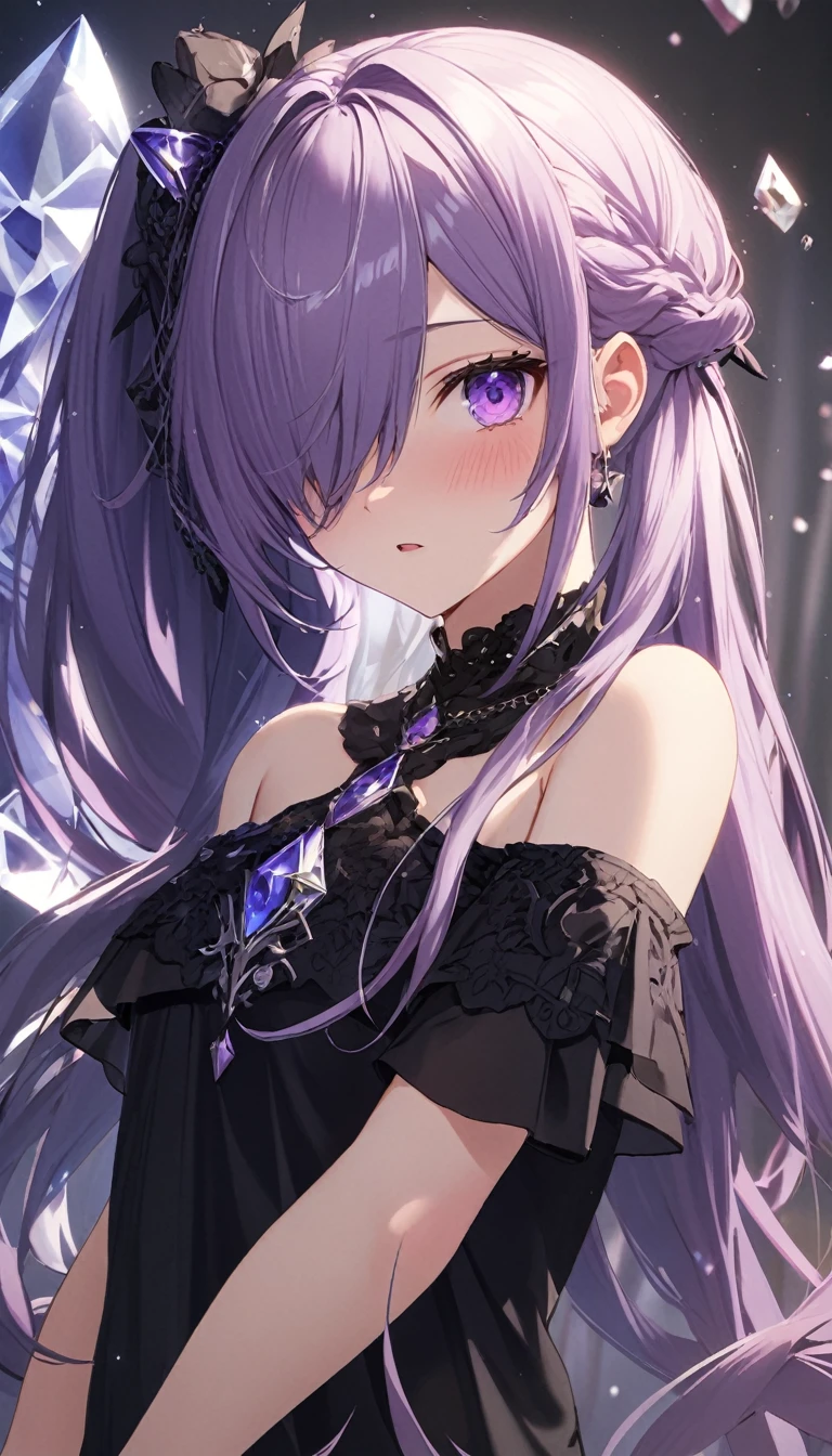 Very long hair, Iris purple hair, Side Ponytail, Hair covering one eye:2.0,side fringe,V-shaped hair accessory, Purple Eyes, Heterochromia, Crystal pupil, faint blush, Cold expression:1.5,Low-cut off-shoulder top,Good clothing material,High Detail, Ray Tracing, High Detail, Super Detail, high quality, high resolution, 1080P, amazing, Beautifully, pretty, charming, Aesthetics