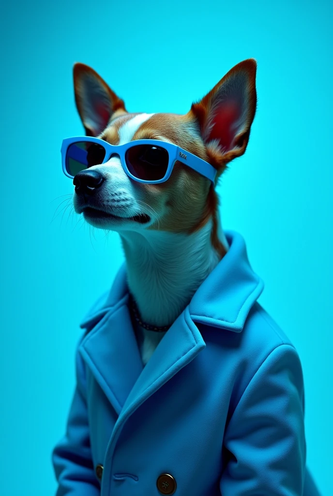 The best cell phone wallpaper, Award-Winning Wallpaper, portrait photography, In the front view is a portrait of a cute dog wearing mid-1960s space age fashion, Side view photo, Shot with Canon EOS R5, Set a strong contrast that accentuates the subject, Fluorescent blue tone, Wearing a very modern coat and sunglasses is a modern 1960s style, Clothes all in one color, beautiful background