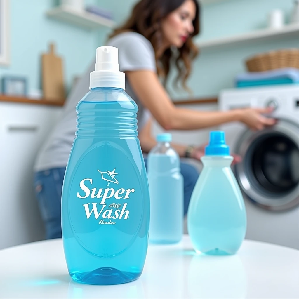 Super wash logo on liquid detergent  Ocean Blue transparent clear liquid bottle with Laundry  background and wishing machine with lady