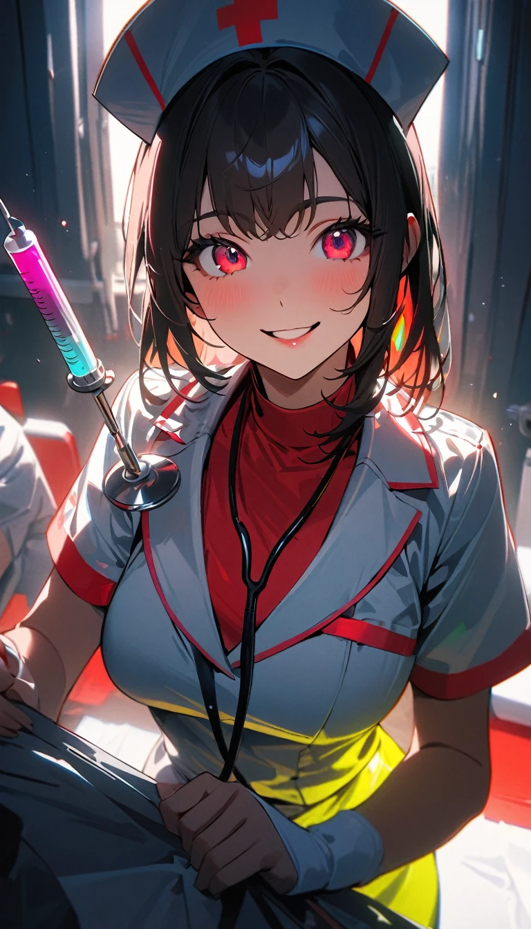 (highest quality:1.2, Very detailed, Latest, Vibrant, 超High resolution, High Contrast, masterpiece:1.2, highest quality, Best aesthetics), (((1 girl))), Beautiful nurse, Smiling nurse holding a large syringe, Carefully drawn medical equipment, Medical Uniforms, Professionalism, Bright colors, Soft lighting, Expressive eyes, Detailed lips, Long eyelashes, Stethoscope, Pleasant atmosphere, confidence, Focus on the nurse's face, Positive Energy, Calm background, Nurturing presence, High resolution, Sharp focus.