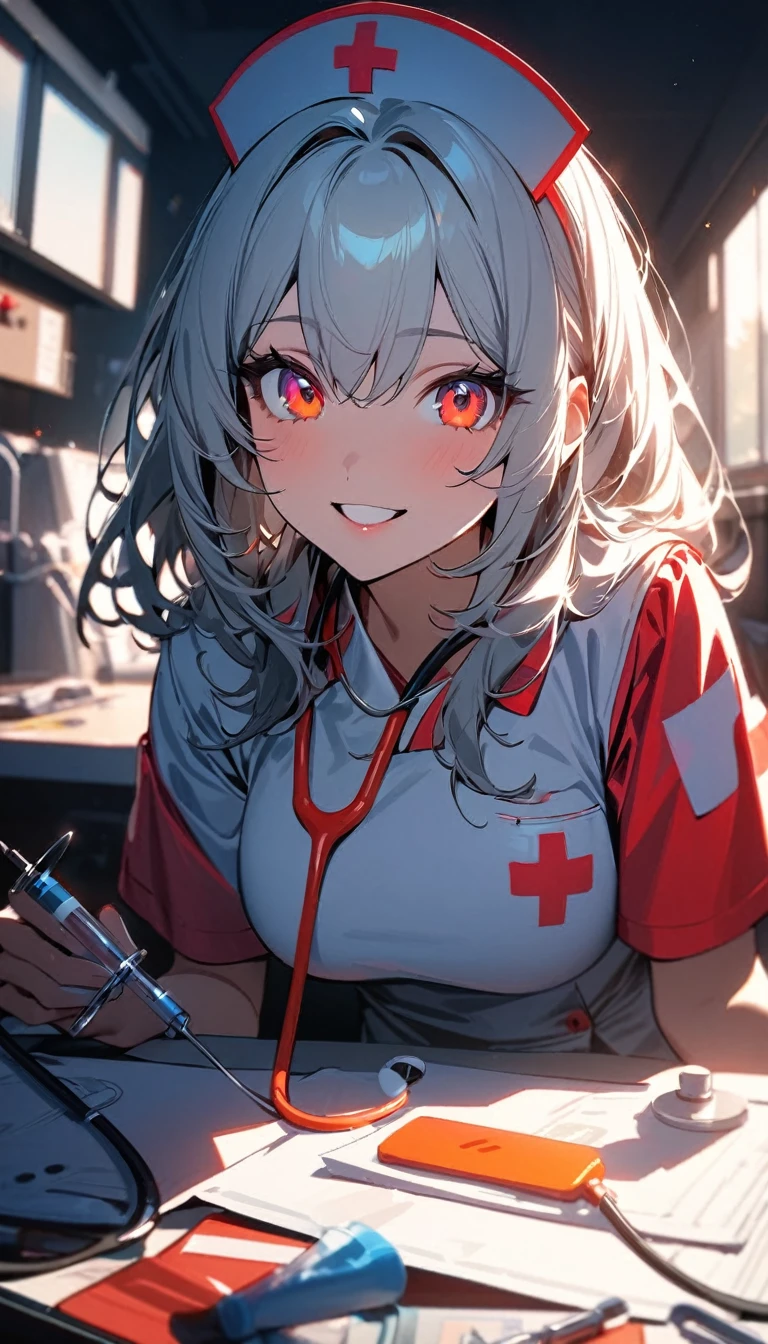 (highest quality:1.2, Very detailed, Latest, Vibrant, 超High resolution, High Contrast, masterpiece:1.2, highest quality, Best aesthetics), (((1 girl))), Beautiful nurse, Smiling nurse holding a large syringe, Carefully drawn medical equipment, Medical Uniforms, Professionalism, Bright colors, Soft lighting, Expressive eyes, Detailed lips, Long eyelashes, Stethoscope, Pleasant atmosphere, confidence, Focus on the nurse's face, Positive Energy, Calm background, Nurturing presence, High resolution, Sharp focus.