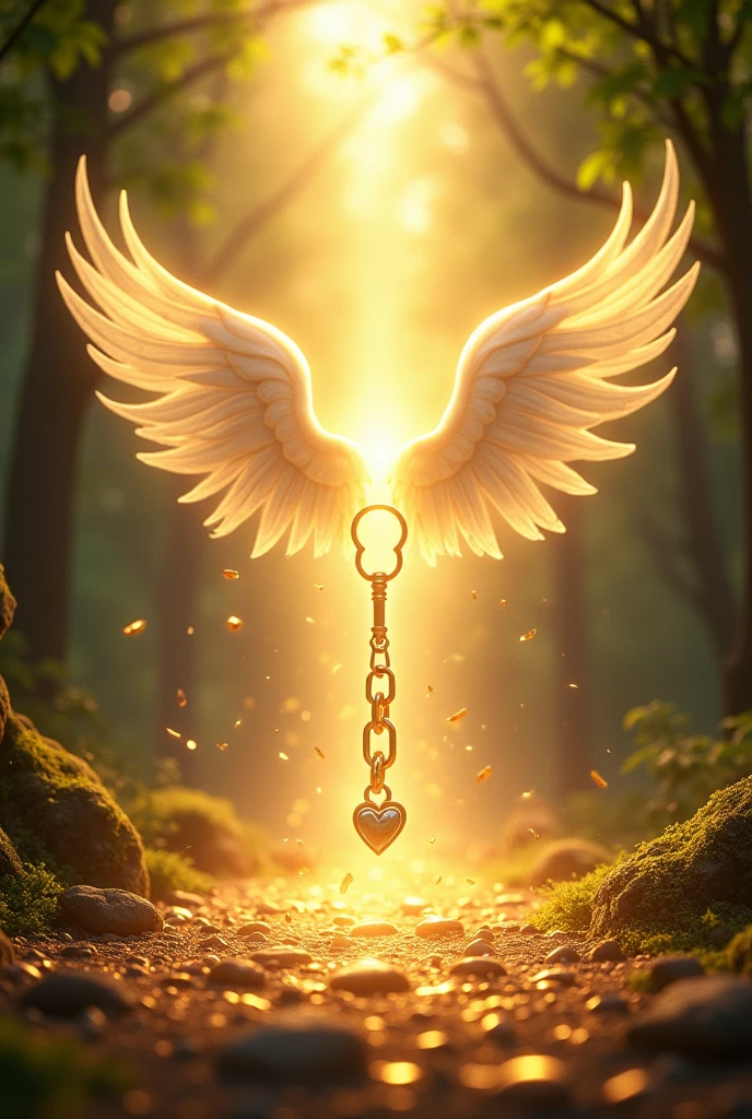 Good luck background image、A powerful miracle of light pours down、wishes come true、Good luck and satisfaction、May you find happiness in both your work and personal life.、Image of breaking the chain、key、Angel Wings、Gold coins、heart、Trees、sense of stability