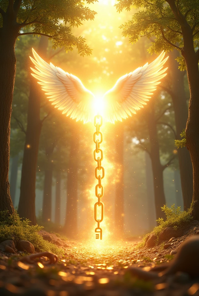 Good luck background image、A powerful miracle of light pours down、wishes come true、Good luck and satisfaction、May you find happiness in both your work and personal life.、Image of breaking the chain、key、Angel Wings、Gold coins、heart、Trees、sense of stability