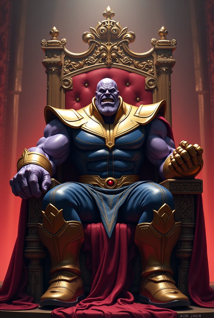 Angry King hulk in throne with crown wearing thanos armor and infinity gauntlet