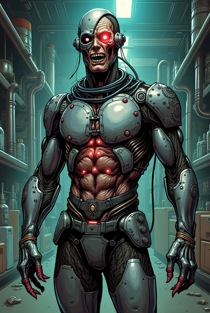 A comic book-style illustration of Ferrum Domnus, the Mad Scientist. He is depicted as a semi-mechanical being with parts of his flesh fused to advanced metals. His torso is a grotesque blend of human skin and metallic plates, with exposed cables and wires running through his body. His face is partially covered by a metallic mask that replaces one eye and part of his jaw, with a glowing red mechanical eye that contrasts sharply with his manic expression. His hands are long, skeletal, and end in sharp metallic claws, ideal for precise manipulation and brutal attacks. He wears a tightly fitted metallic suit covered in gears and mechanisms, emitting lights and vibrations, as if he is in a constant state of modification. The background should hint at a chaotic laboratory, filled with mechanical devices, half-finished experiments, and an eerie atmosphere of technological madness.