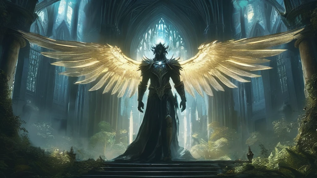 In a medieval dark fantasy scene, show Veridith, the grand Guardian of the skies, emerging from a grand cathedral situated in the heart of an ancient, dense forest. His body is bathed in golden light, and his massive silver wings spread wide, catching the light as he prepares to take flight. His pale blue eyes stand out against the dark, stormy sky. Surrounding him, towering trees and thick foliage create a mystical, shadowy atmosphere. The cathedral behind him is gothic and weathered, blending into the forest. The afternoon light filters through the trees, casting dramatic shadows and illuminating Veridith’s awe-inspiring presence as he ascends into the sky.