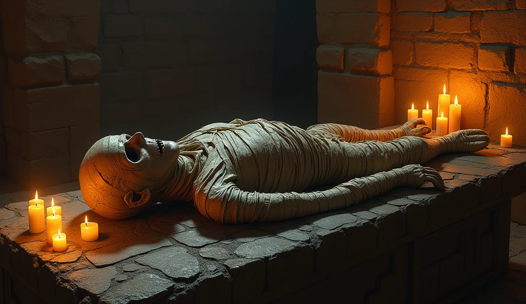 A mummy lying on a stone slab in a crypt, with candles flickering around, bandages wrapped tightly, realistic textures, and a moody, atmospheric setting