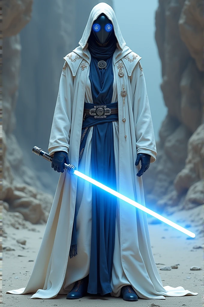 Make an android with a white robe with navy blue with a black mask with glass blue, and a blue lightsaber
