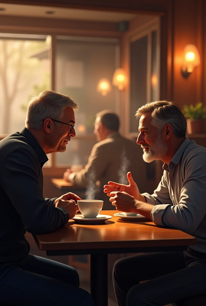 2 mens friend speaking each other in a restaurant