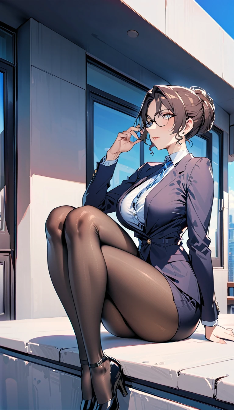 Secretary outfit，A woman sitting on a ledge，legs crossed，With sky background，（highest quality，masterpiece，mature woman：1.4），Black stockings，with glasses