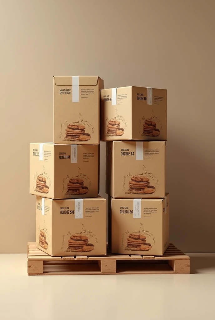 (photorealism:1.2), Make corrugated cardboard boxes with the company name and cookie design on them.. company "DELICIAS GOURMET SA" and Whole grain nut cookies LET IT BE PRETTY. BOXES OF THE SAME SIZE. SAMPLE OF 60 BOXES GROUPED IN PALLETS INSPIRED BY AMAZON BOXES

