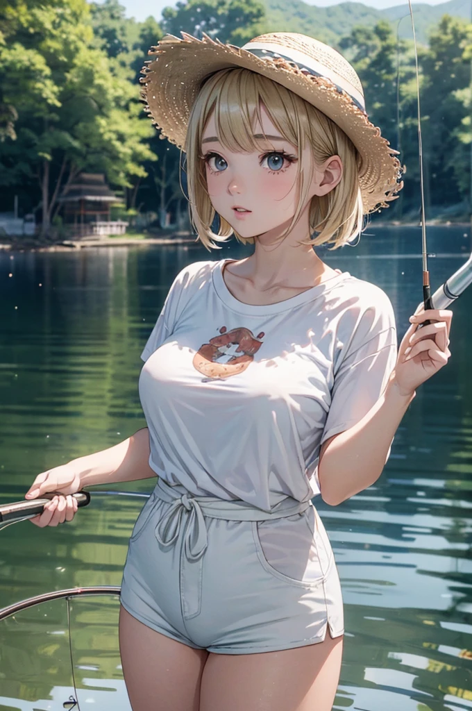 Absurd, Super detailedな,(In 8K:1.3),Masseter muscle area,(masterpiece:1.2)、(Highest quality)、4K、Super detailed、(Movement Structure:1.4)、(Shining Lights、Atmosphere lighting), High resolution, Best Quality、(One person:1.4),Super detailedな,Bright colors、Treebreak Production Art、(Warm color light source:1.2),High-level image quality、Fine image quality、Intricate details,Volumetric Lighting,Realism BREAK、Profile、 Idol face、15 years old、Very beautiful face and eyes, Beautiful images、natural make up、 big eyes,、 (full-body shot:1.3)、 (breast grab)、 (Big Tits:1.2)、(curvy body)、(glossy skin :1.5)、(Baby Face:1.5)、 (Lake Biwa:1.5)、 (blonde hair,short hair:1.2)、(white、t-shirt:1.5)、(Straw hat:1.5)、(hot pants:1.5)、fishing、(Phishing:1.5)、(fishing竿、reel)、Black Bass、(魚fishing:1.5)、(holding a fishing rod、Little:1.5)